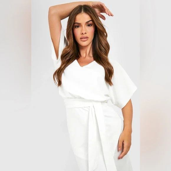 Boohoo Kimono Tie Belt Midi Dress White Wrap V Neck Party Dress Size US 6 NWT - Picture 4 of 7